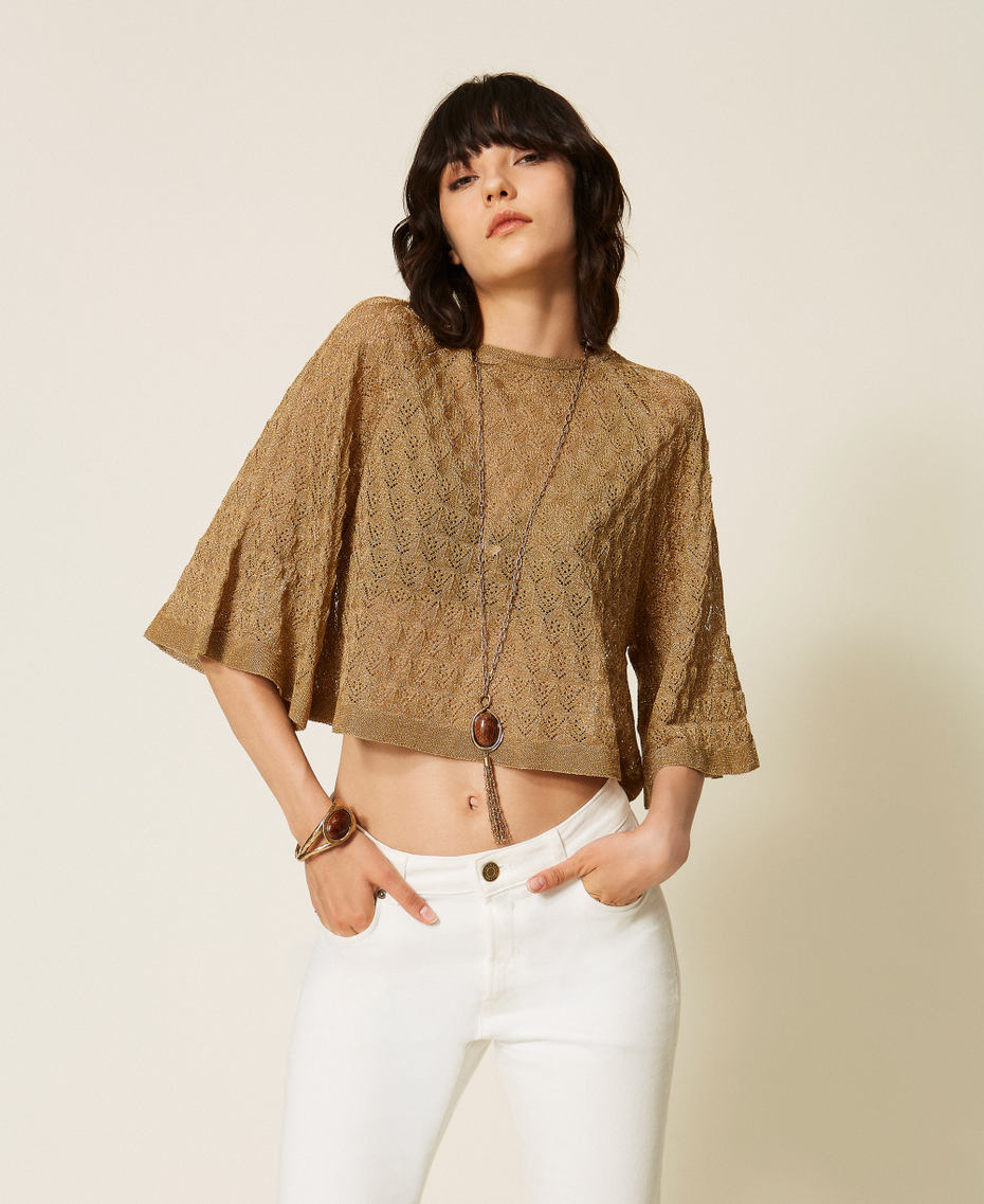 Dual-use cropped jumper Golden Green Lurex Woman 262TP3Q31_12454_01