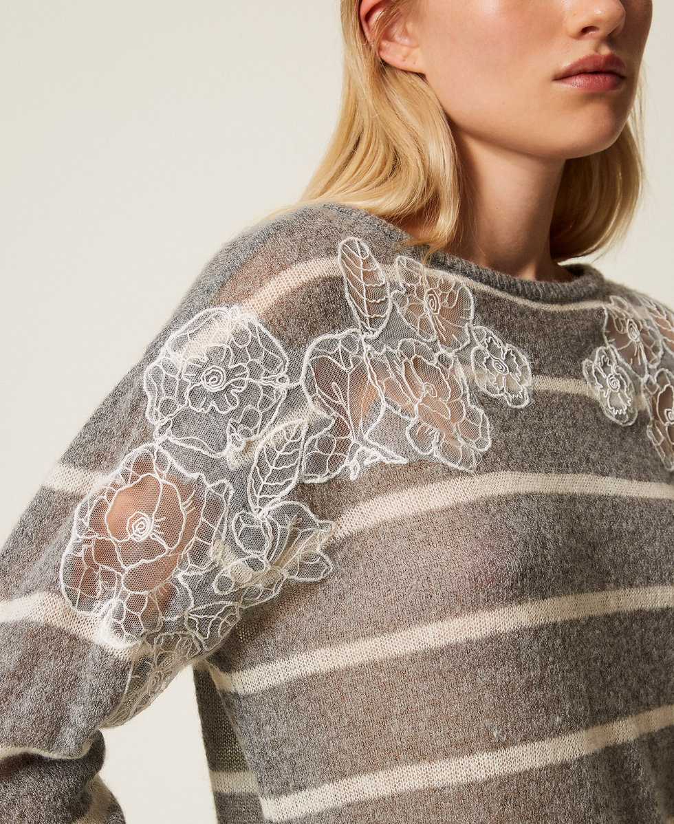 Mohair blend jumper with lace and slits Grey Melange/Snow White Stripe Woman 252TP3252_12756_04