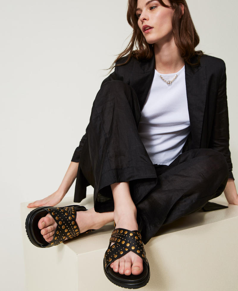Leather sandals with studs Black Woman 251TGT070_00006_T0