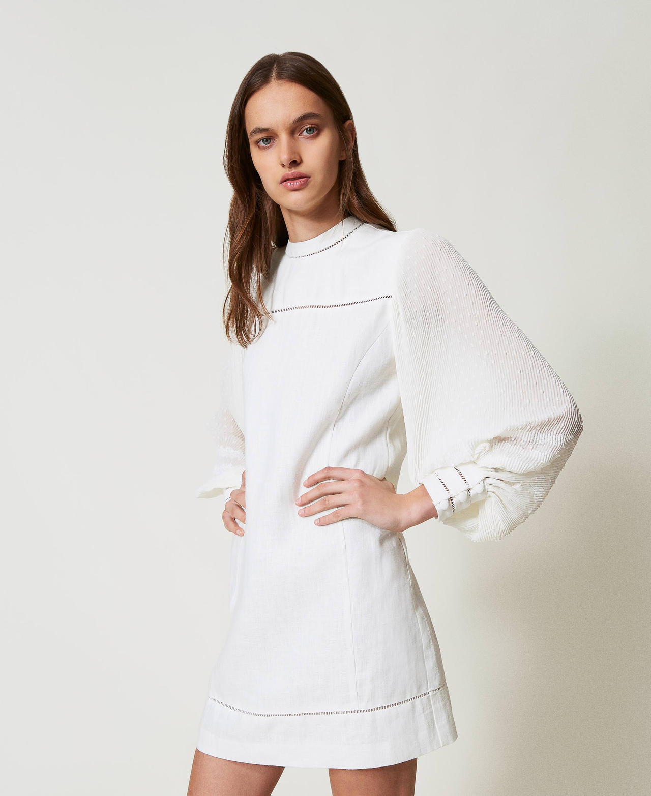 Linen and georgette blend short dress White Snow Woman 251TP2061_00282_02