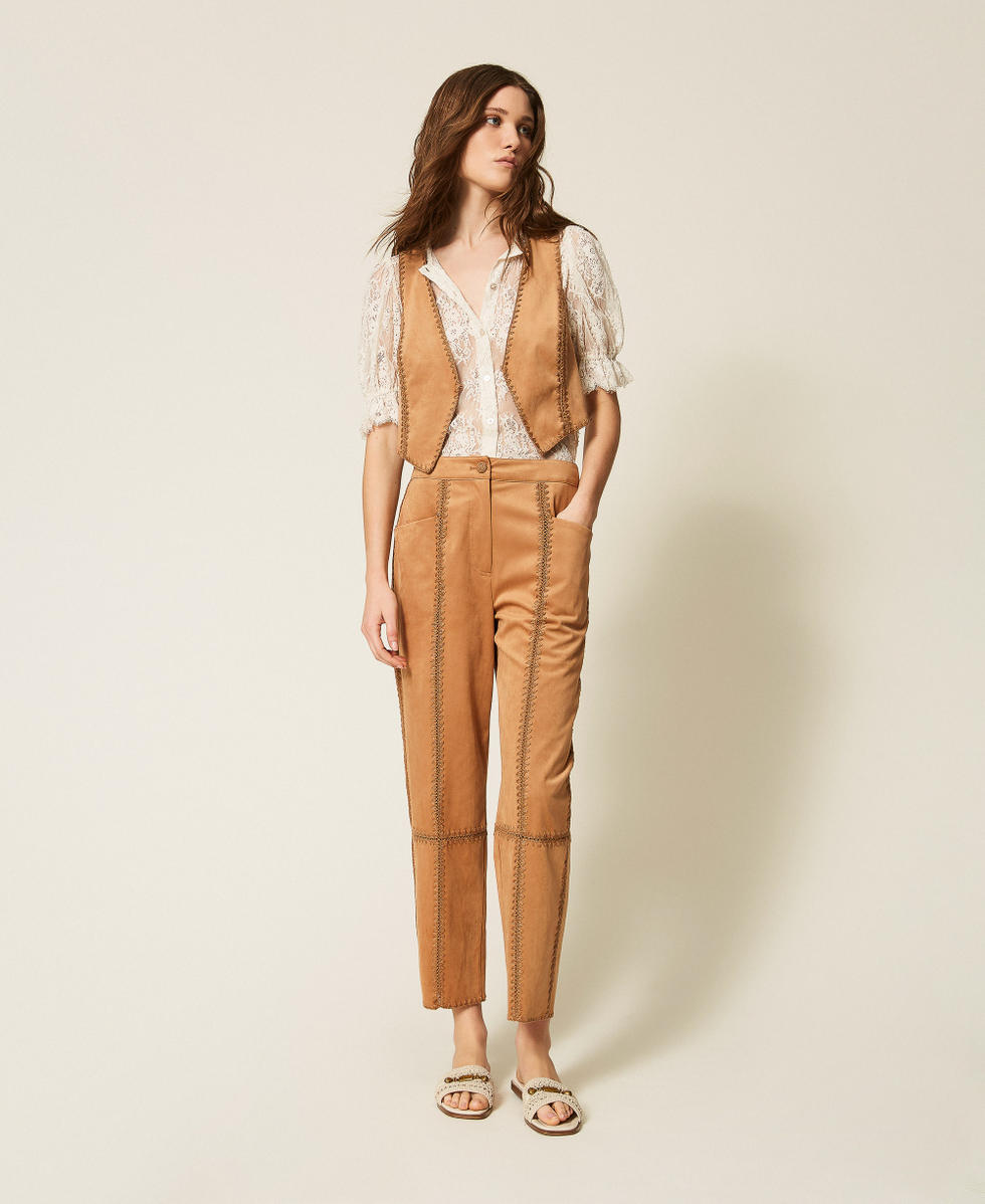 Suede trousers with embroidery "Hazelnut" Brown Woman 261LB2MBB_10282_01