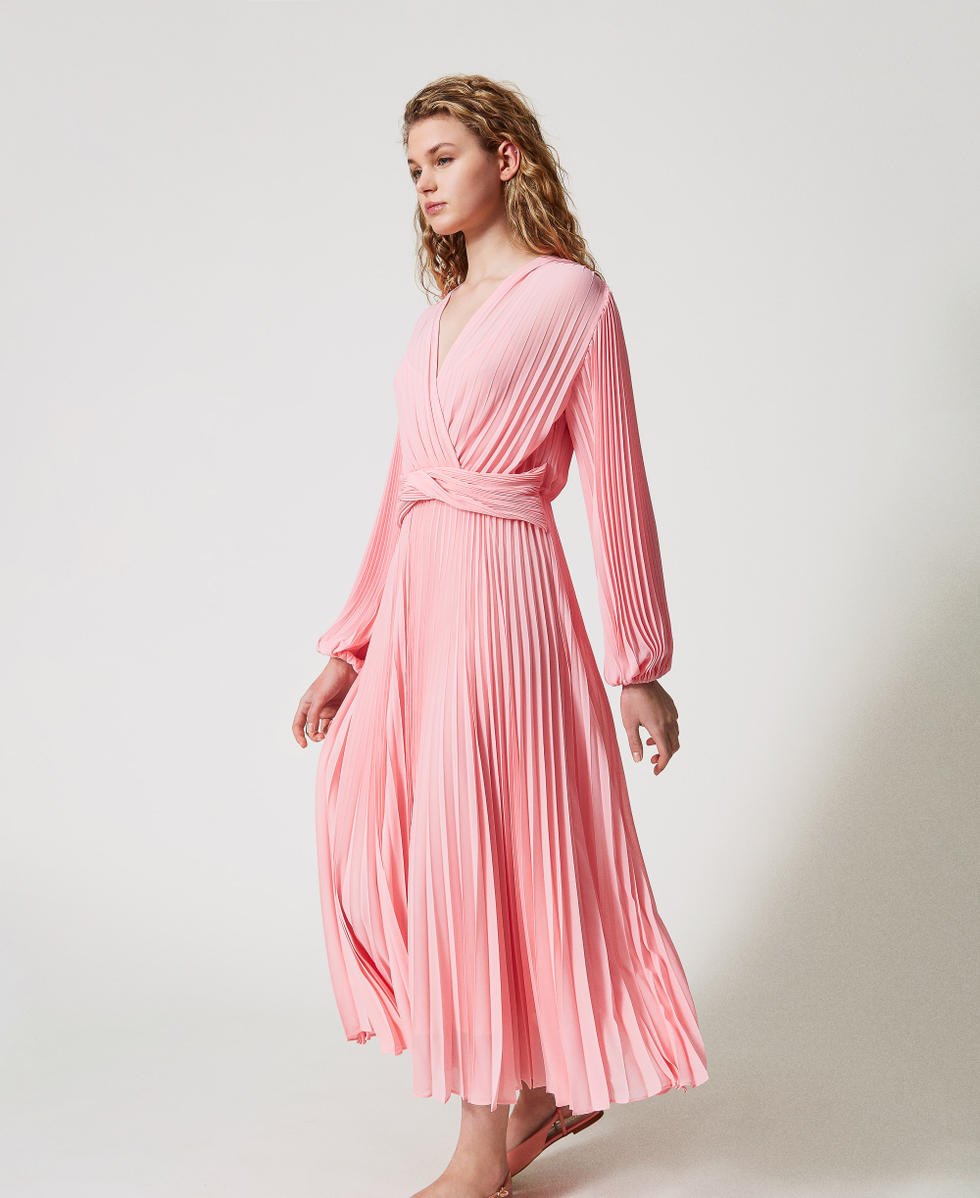 Long pleated georgette dress Woman, Pink | TWINSET Milano Long pleated georgette dress Woman, Pink | TWINSET Milano