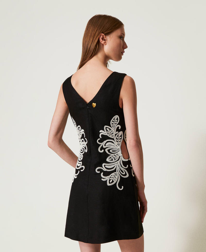 Short linen blend dress with embroidery Bicolour Black / Mother-of-pearl White Woman 251LB2FBB_02710_03