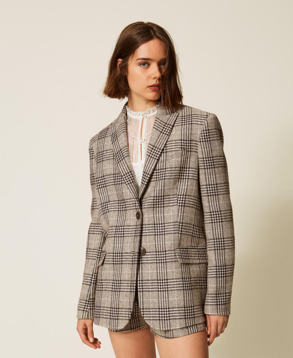 Chequered wool cloth blazer with sequins Coffee/Cold Beige Woman 262TP2742_13717_04