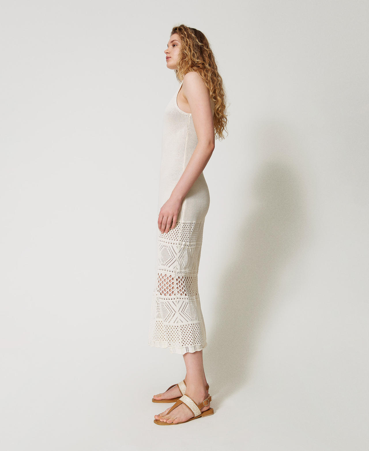 Long openwork knit dress Woman, Beige | TWINSET Milano