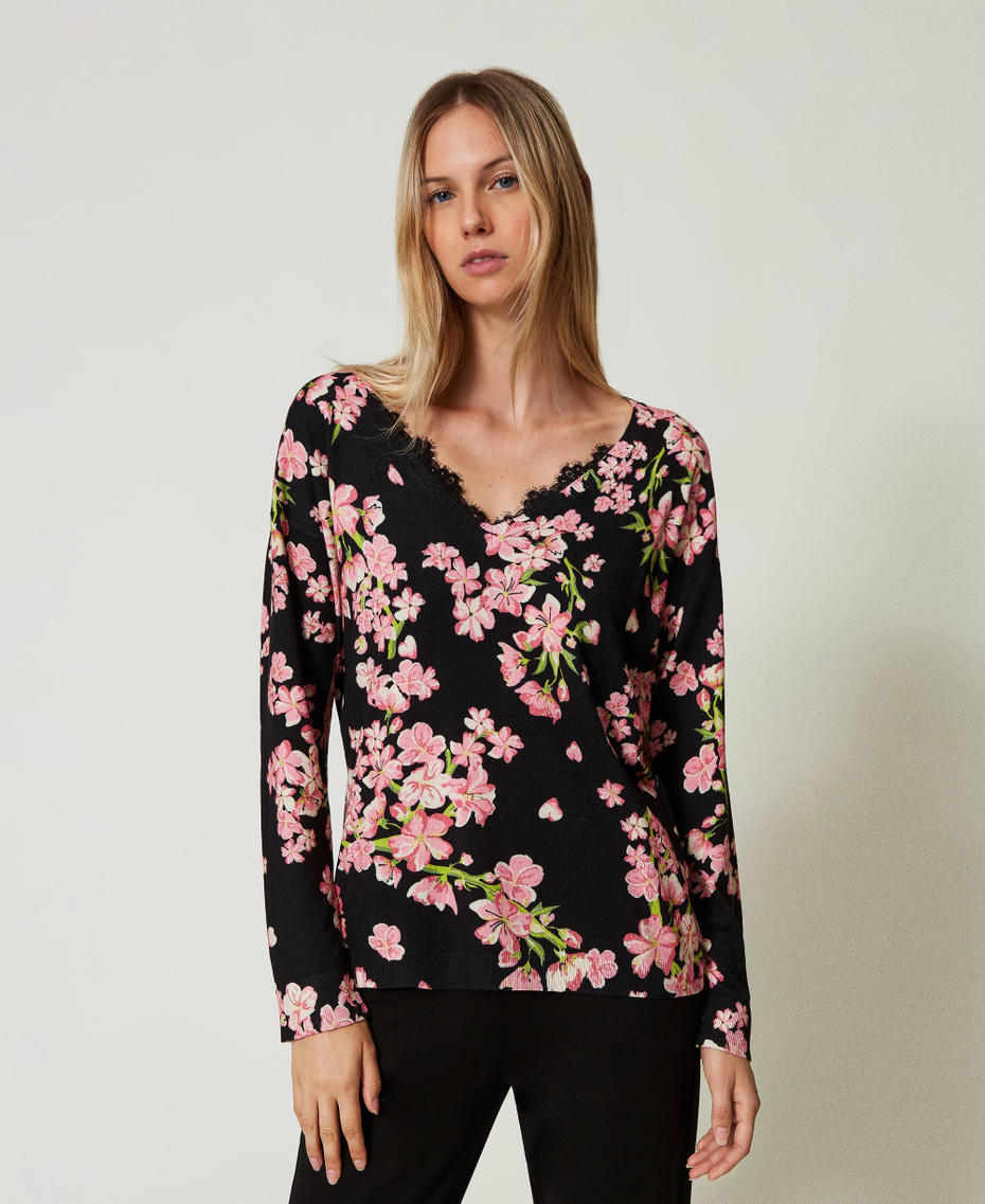 Jumper with floral print and lace Multicolour Blooming Woman 242LL3TBB_11998_01