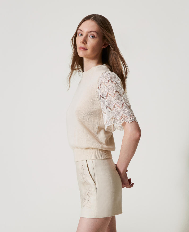 Linen blend jumper with jacquard sleeves Delicate Beige Woman 251TP3341_12140_02