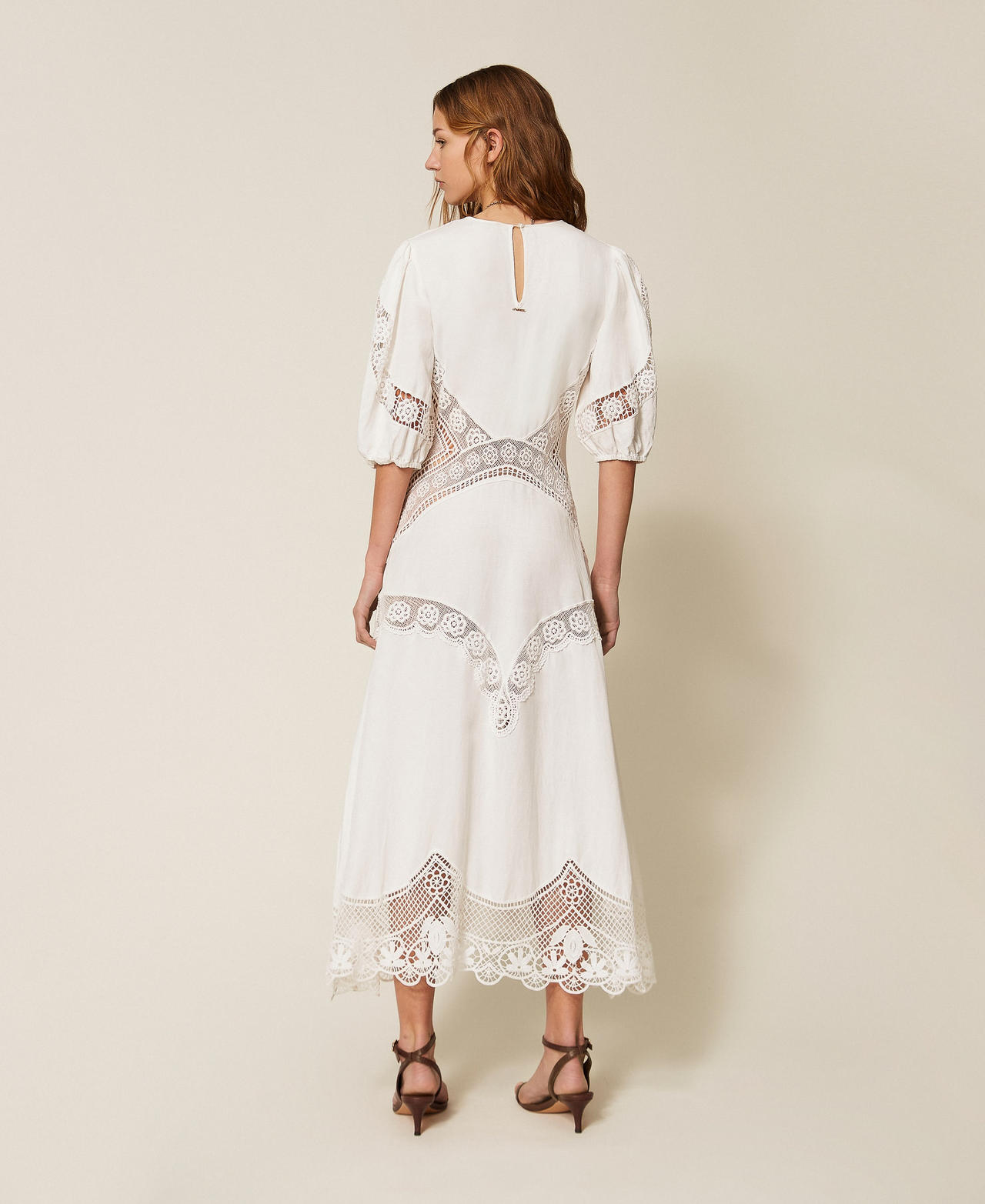 Long linen blend dress with embroidery White Woman 261TT2240_00001_03