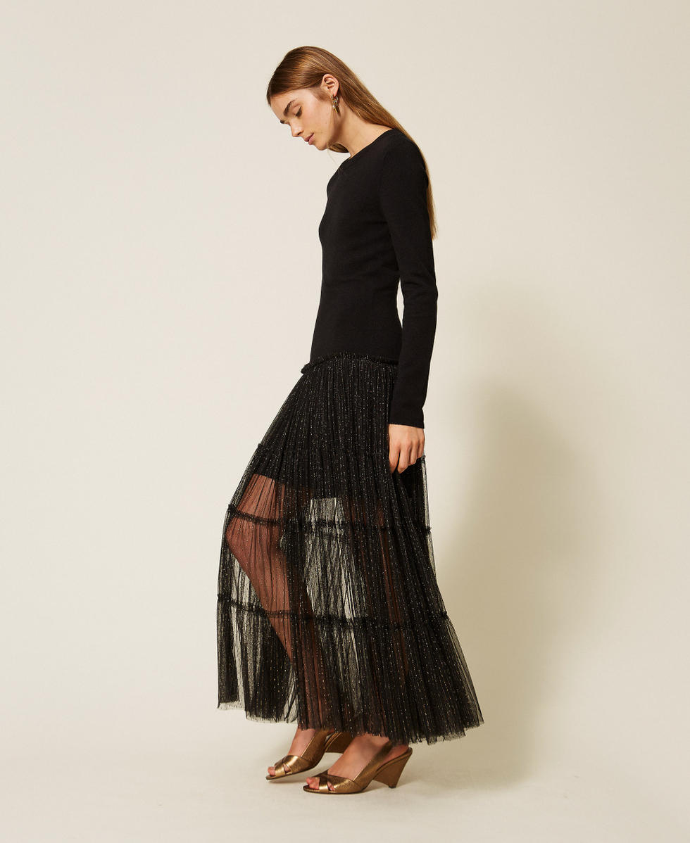 Langes Strickkleid mit Plumetis-T&uuml;ll Schwarz Frau 262TT3423_00006_02