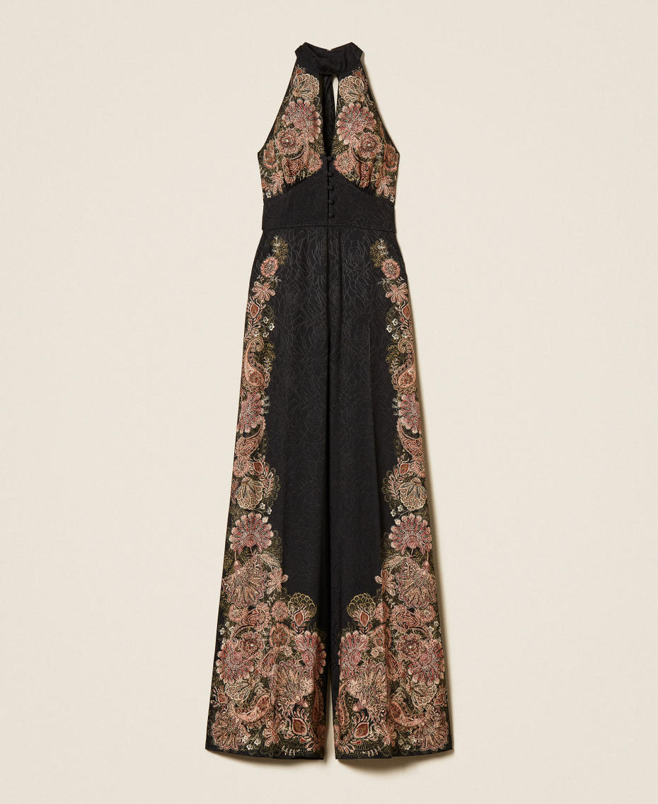 Long jacquard jumpsuit  with print Black/Rust Brown Paisley Print Woman 252TP2044_12742_S0