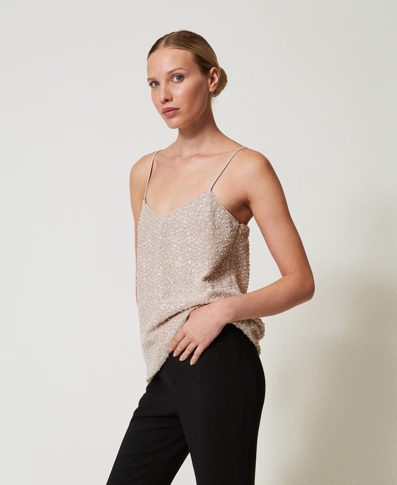 Top with sequins and pearls Snow/Delicate Beige Sequin & Pearl Embroidery Woman 251TP2201_12254_02