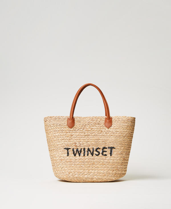 Borsa shopper in paglia con logo