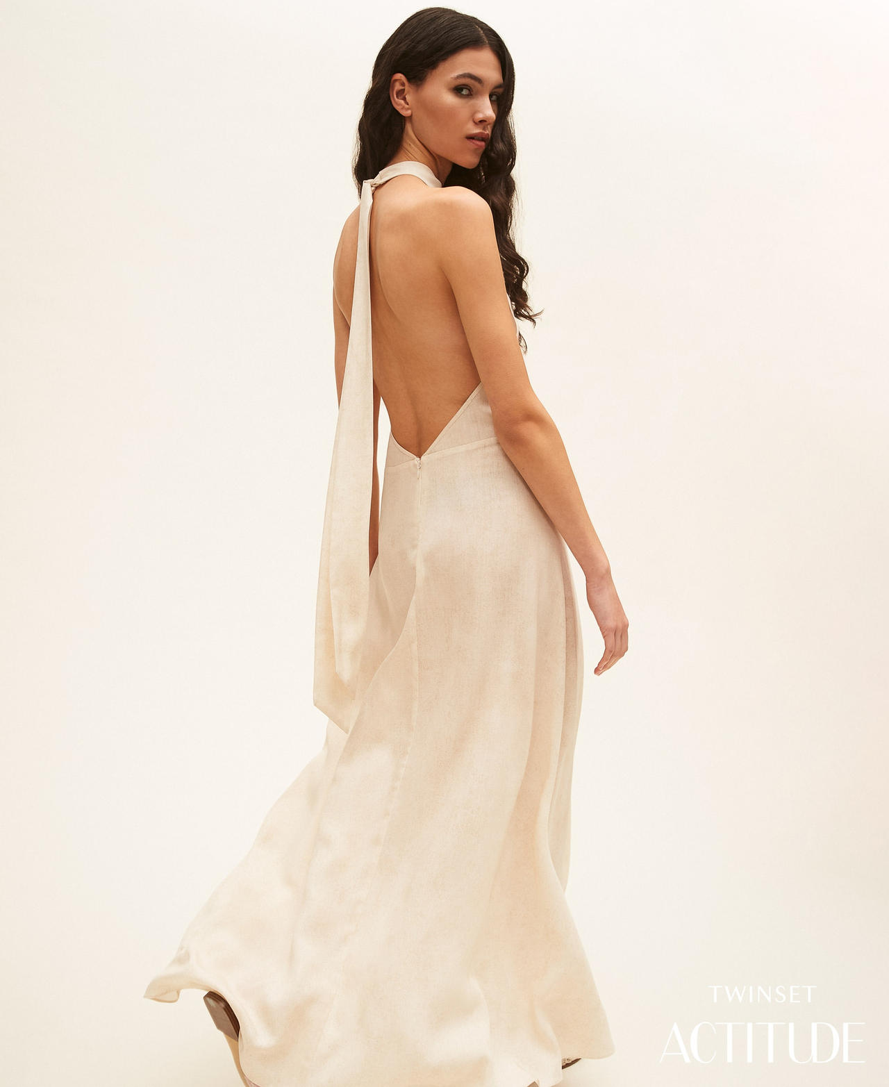 Long halter dress with print Burn Wash Printed Beige Safari Woman 261AT2134_13461_PA