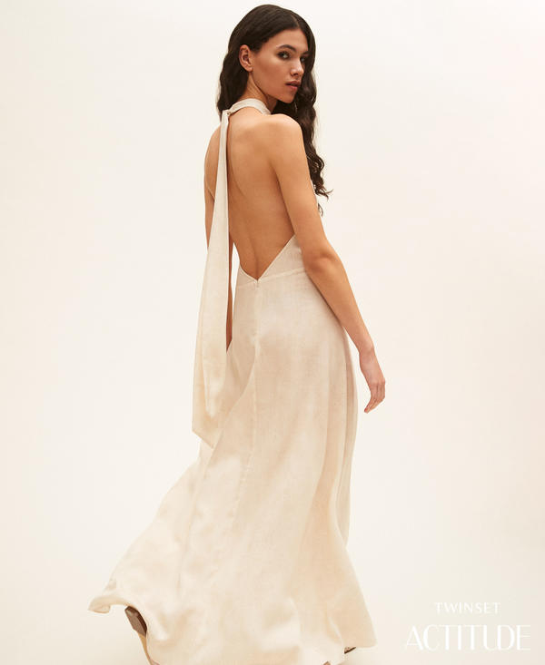 Robe longue avec encolure am&eacute;ricaine et imprim&eacute;