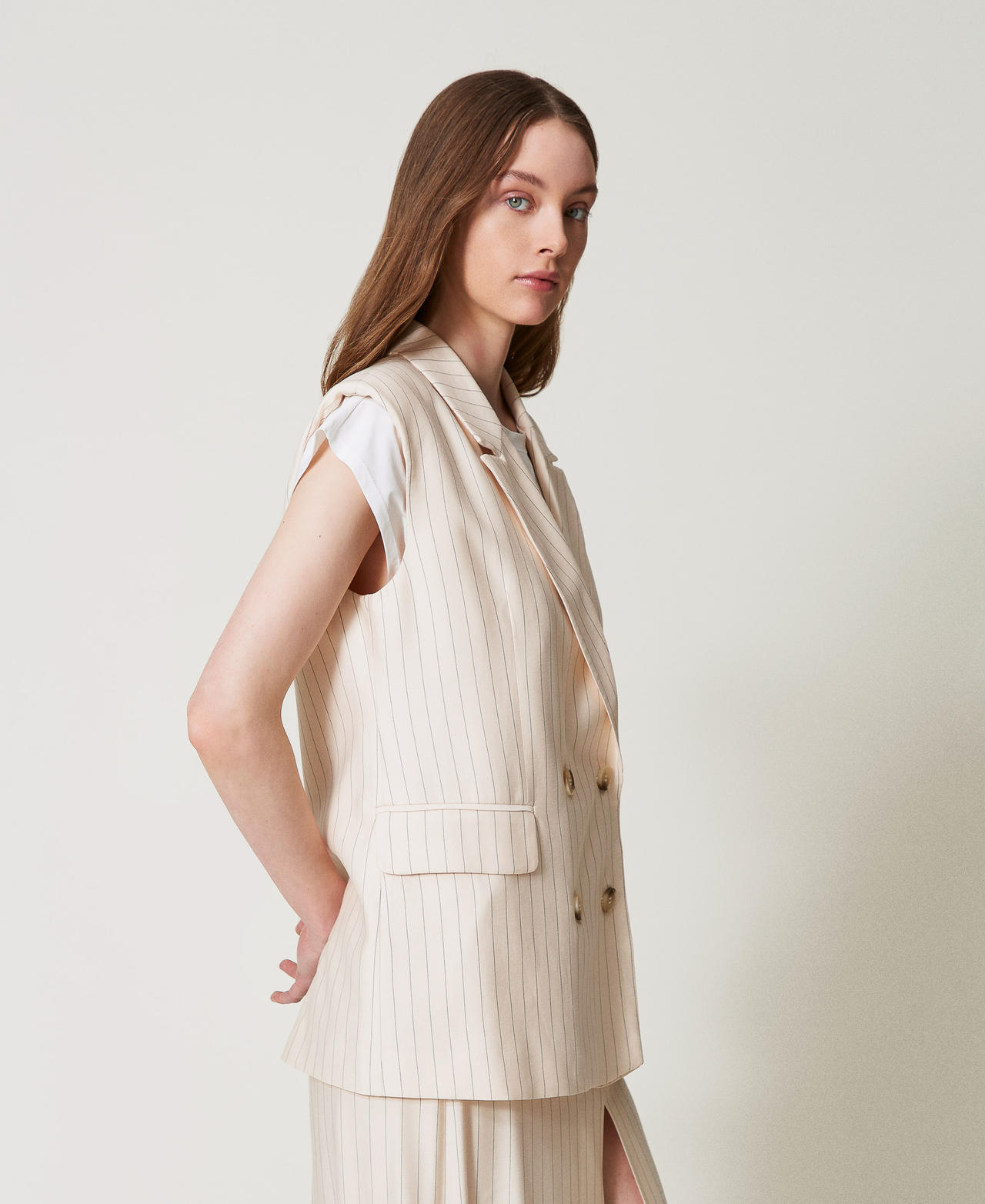 Sleeveless double-breasted pinstripe jacket Beige/Black Pinstripe Woman 251LL2AAA_12247_02