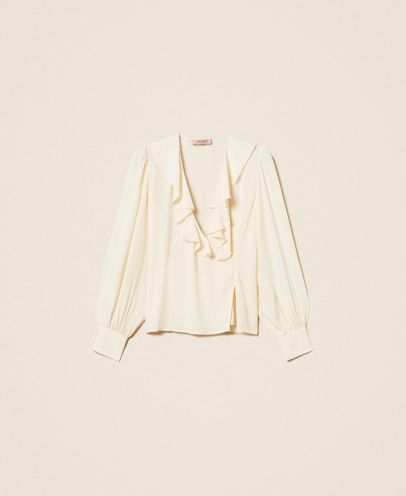 Cr&ecirc;pe de Chine blouse with ruffles Mother Of Pearl Woman 261TP2073_00059_S0
