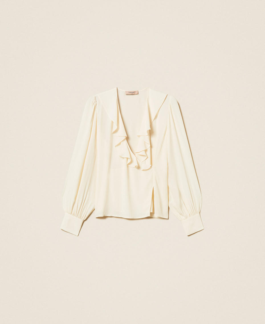 Cr&ecirc;pe de Chine blouse with ruffles Mother Of Pearl Woman 261TP2073_00059_S0