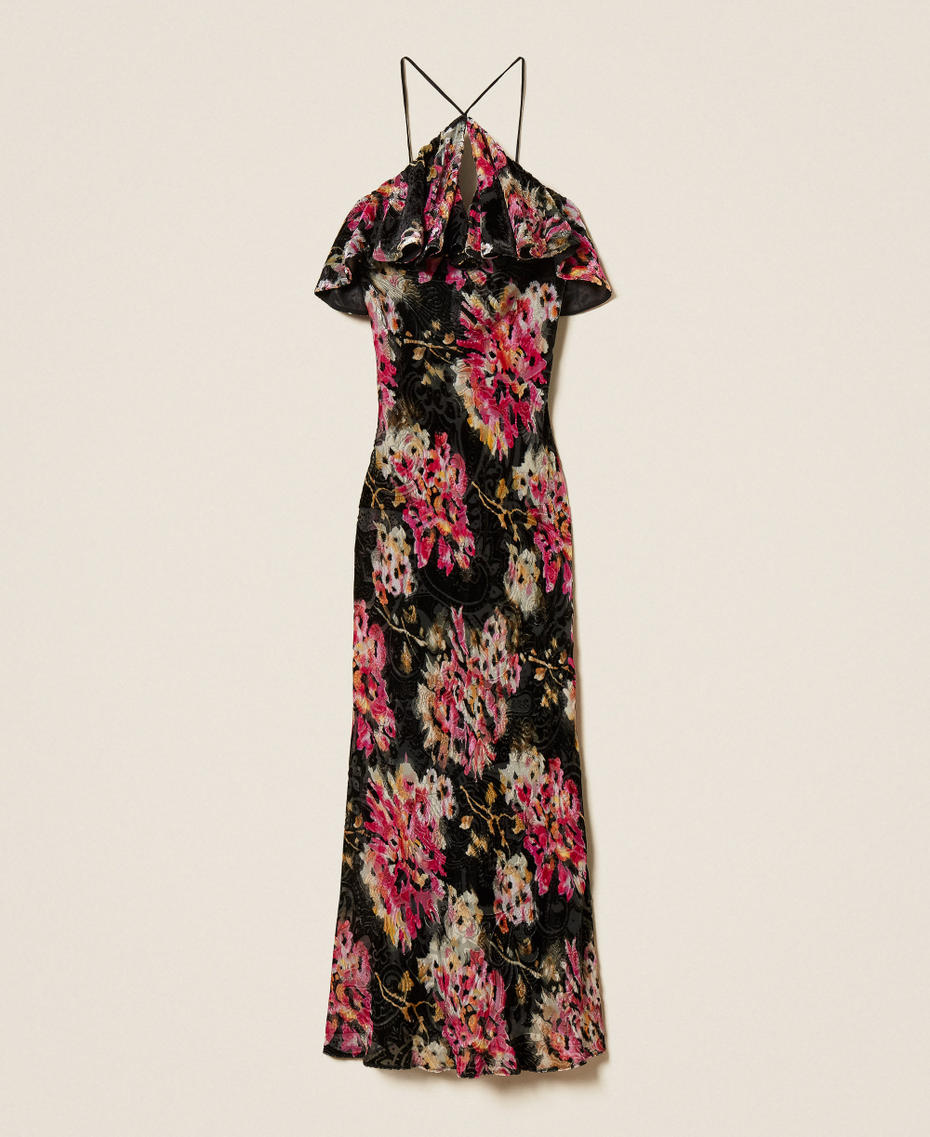Silk blend velvet floral dress Black/Magenta Floral Print Woman 252TS2330_13099_S0