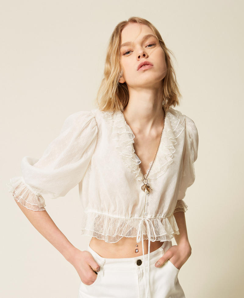 Hemdbluse aus floralem T&uuml;ll Wei&szlig; Vanille Frau 261TT2400_00145_01