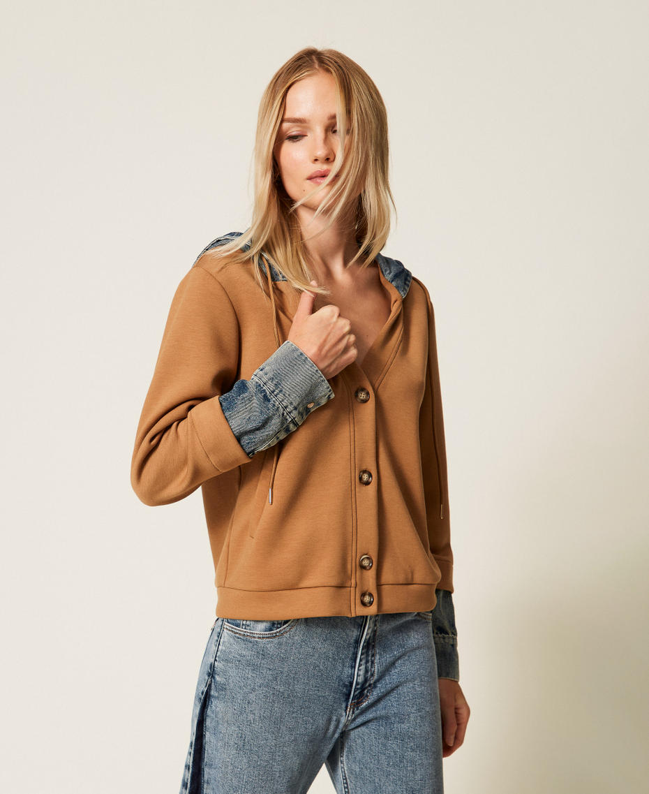 Scuba fabric and denim sweatshirt Two tone Camel/Denim Woman 252LI2PDD_12671_01