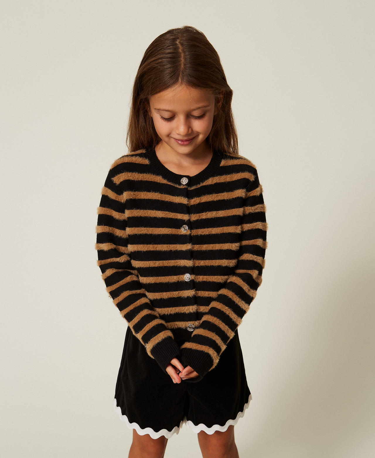 TWINSET - Cardigan rayé fille, Femme, Rayure Noir/Marron "Iced Coffee", 2A