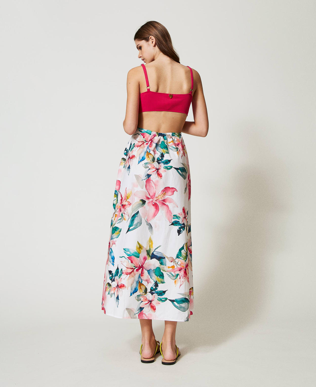 Long knit dress with floral print Mother of pearl/Multicolour Stripe Print Woman 251LB3LAA_12198_03