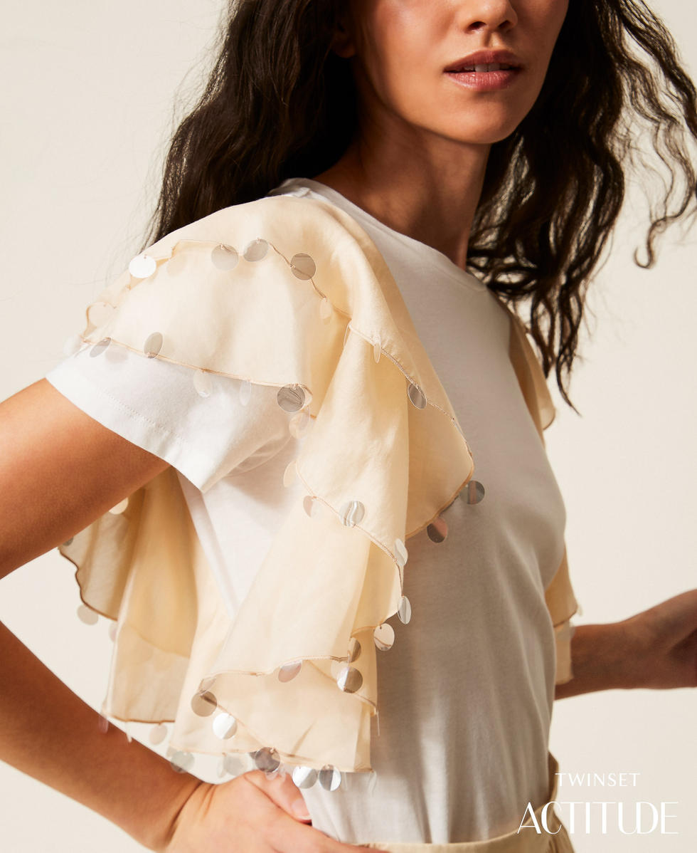Regular T-shirt with voile sleeves Two-tone Off White/Cashew Beige Woman 261AT2210_13553_PA