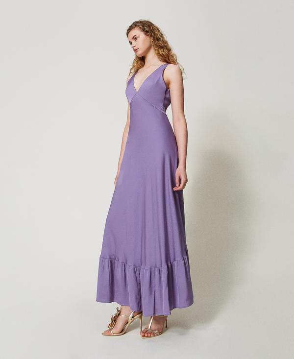 Long satin crepe dress with flounce