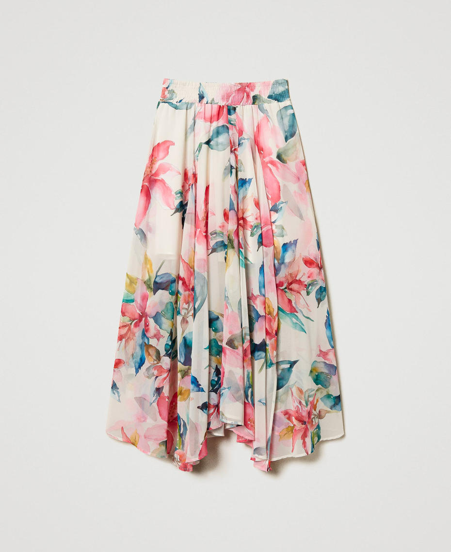 Long georgette skirt with floral print Mother of Pearl/Multicolour Floral Print Woman 251LB2ZFF_12194_S0