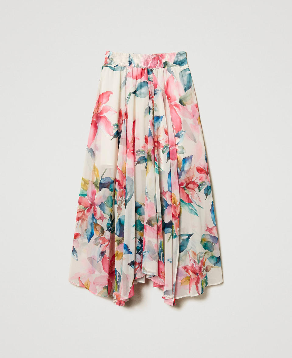 Long georgette skirt with floral print Mother of Pearl/Multicolour Floral Print Woman 251LB2ZFF_12194_S0