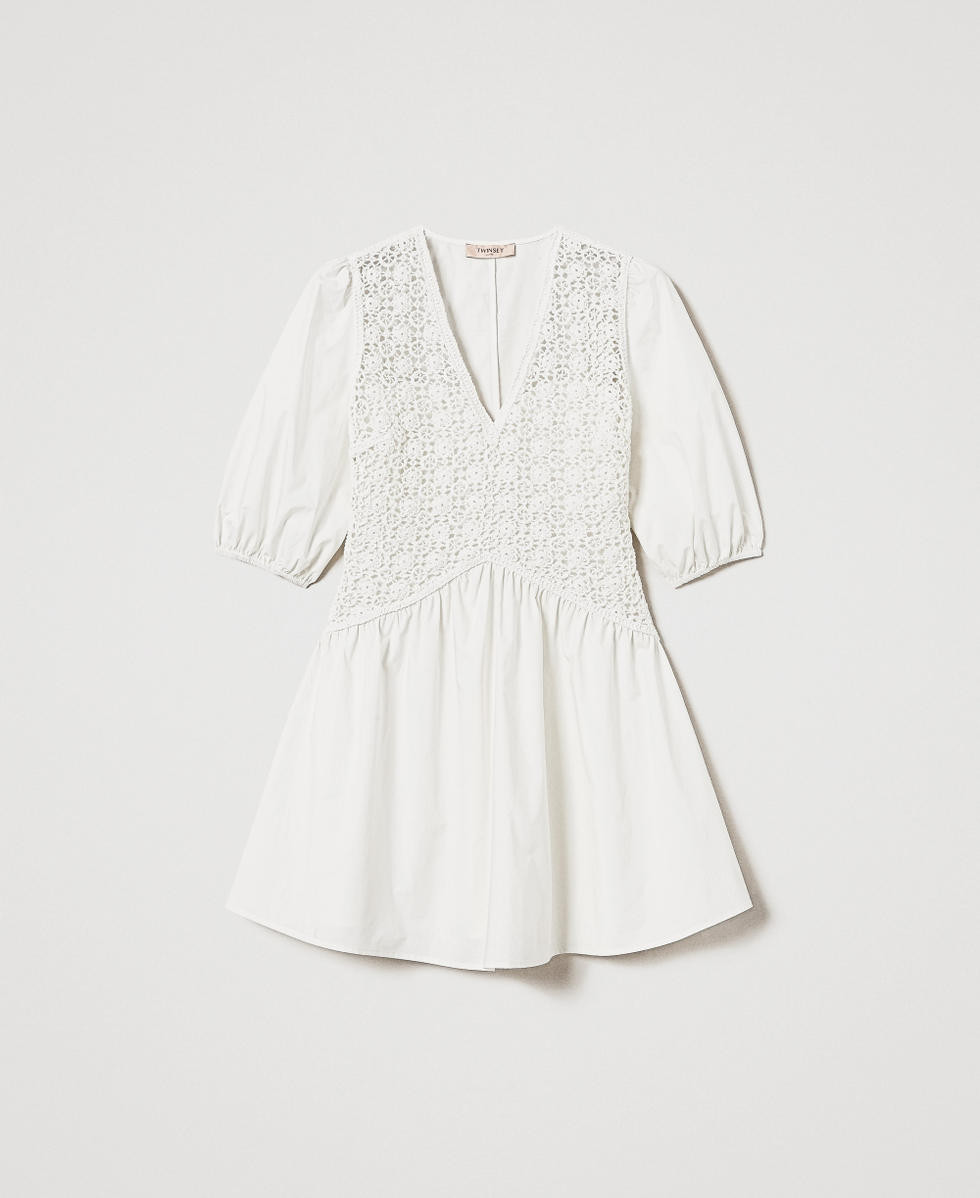 Short poplin dress with crochet detail Woman, White