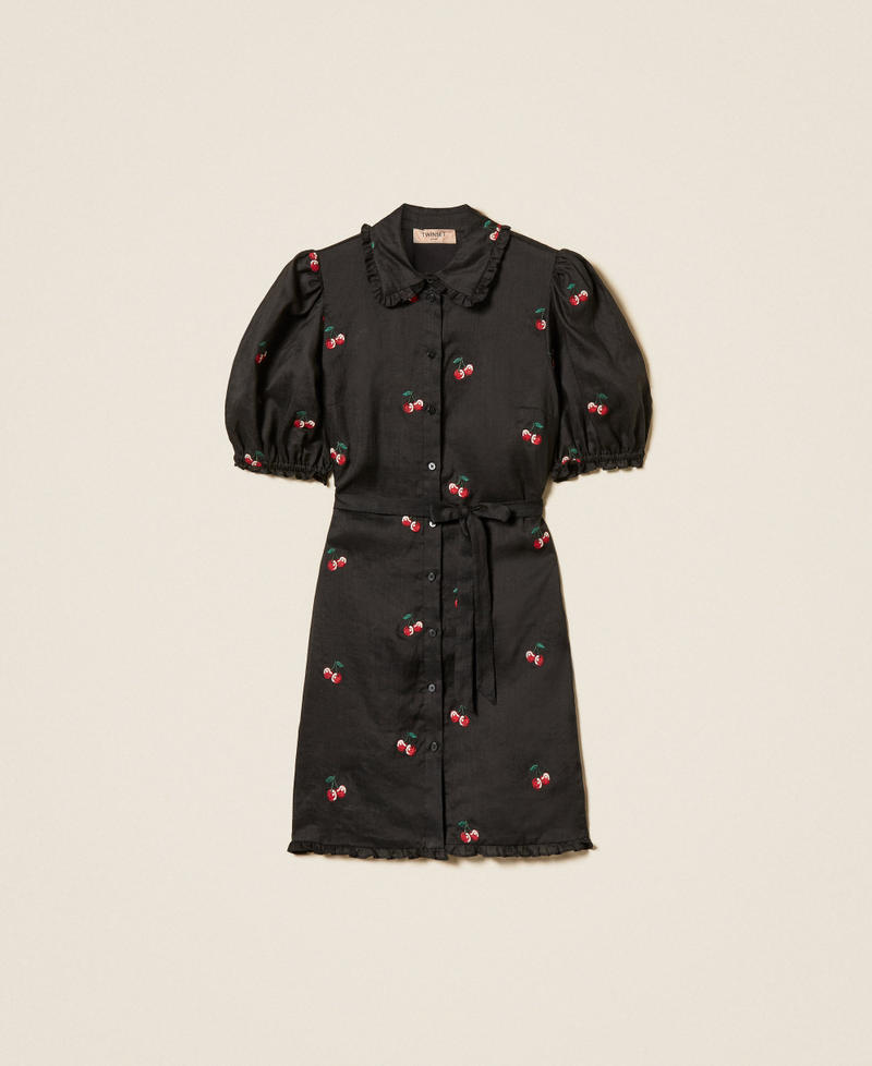 Short ramie dress with embroidery Black/Cherry Red Embroidery Woman 261TT2422_13578_S0