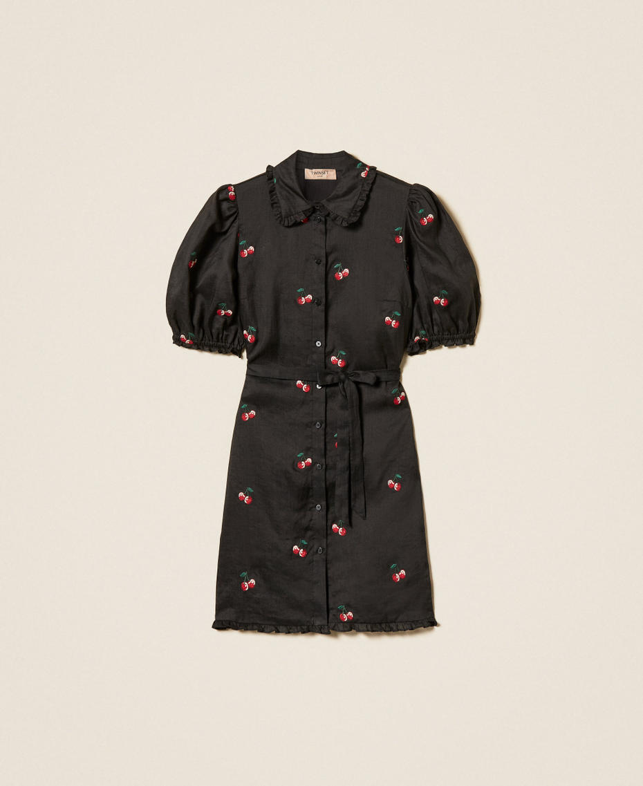 Short ramie dress with embroidery Black/Cherry Red Embroidery Woman 261TT2422_13578_S0