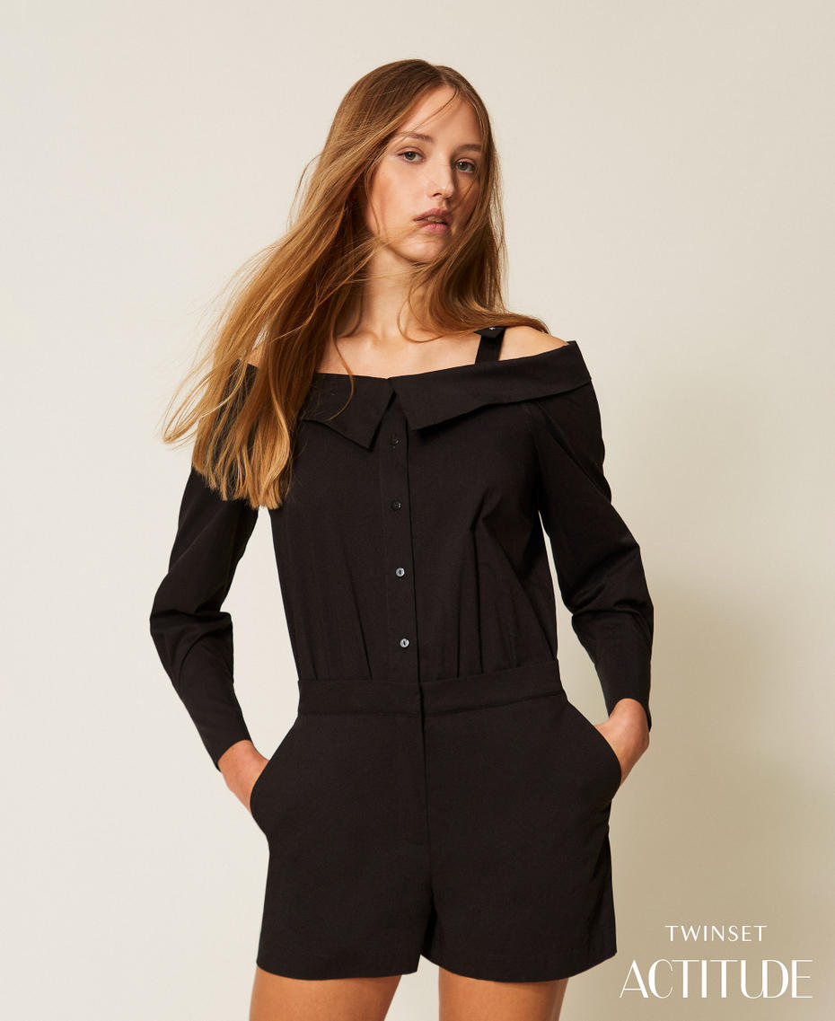 Off-shoulder poplin jumpsuit Black Woman 261AP2122_00006_PA