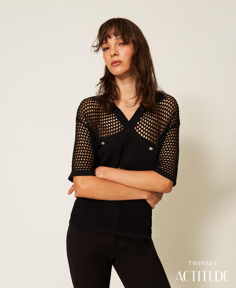 Pull polo avec maille point filet Noir Femme 261AP3033_00006_PA