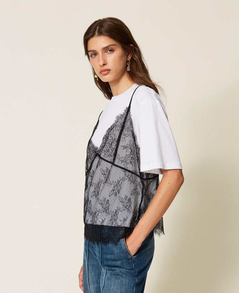 Crew neck T-shirt and lace top Two-tone &ldquo;Lucent White&rdquo; / Black Woman 262TT2553_11341_02