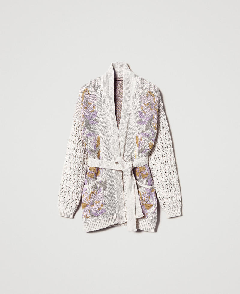 Cardigan aus Jacquard-Strick mit Blumendessin Flowers-Jacquard, schneewei&szlig; Frau 251TP3610_12359_S0