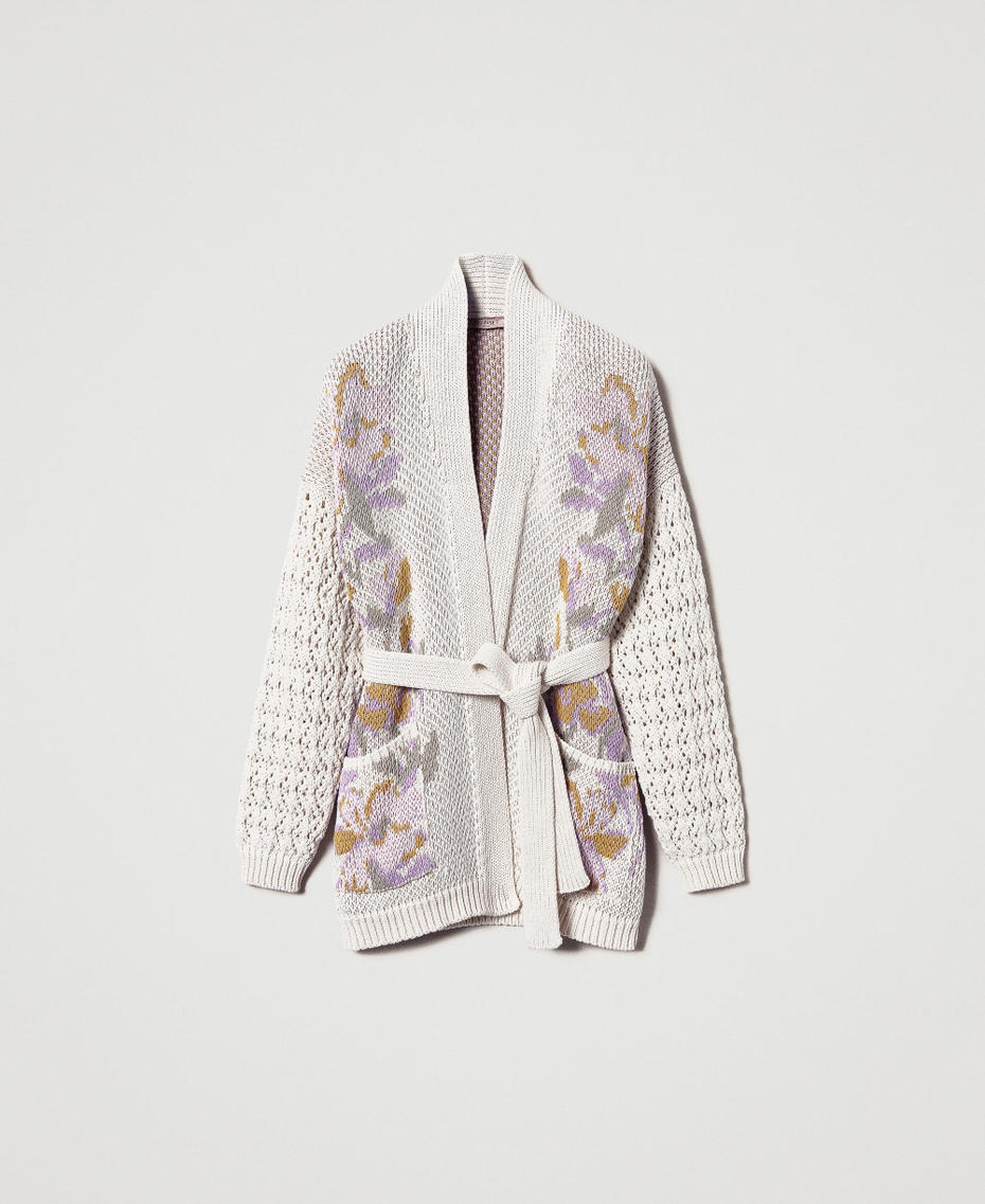 Cardigan aus Jacquard-Strick mit Blumendessin Flowers-Jacquard, schneewei&szlig; Frau 251TP3610_12359_S0