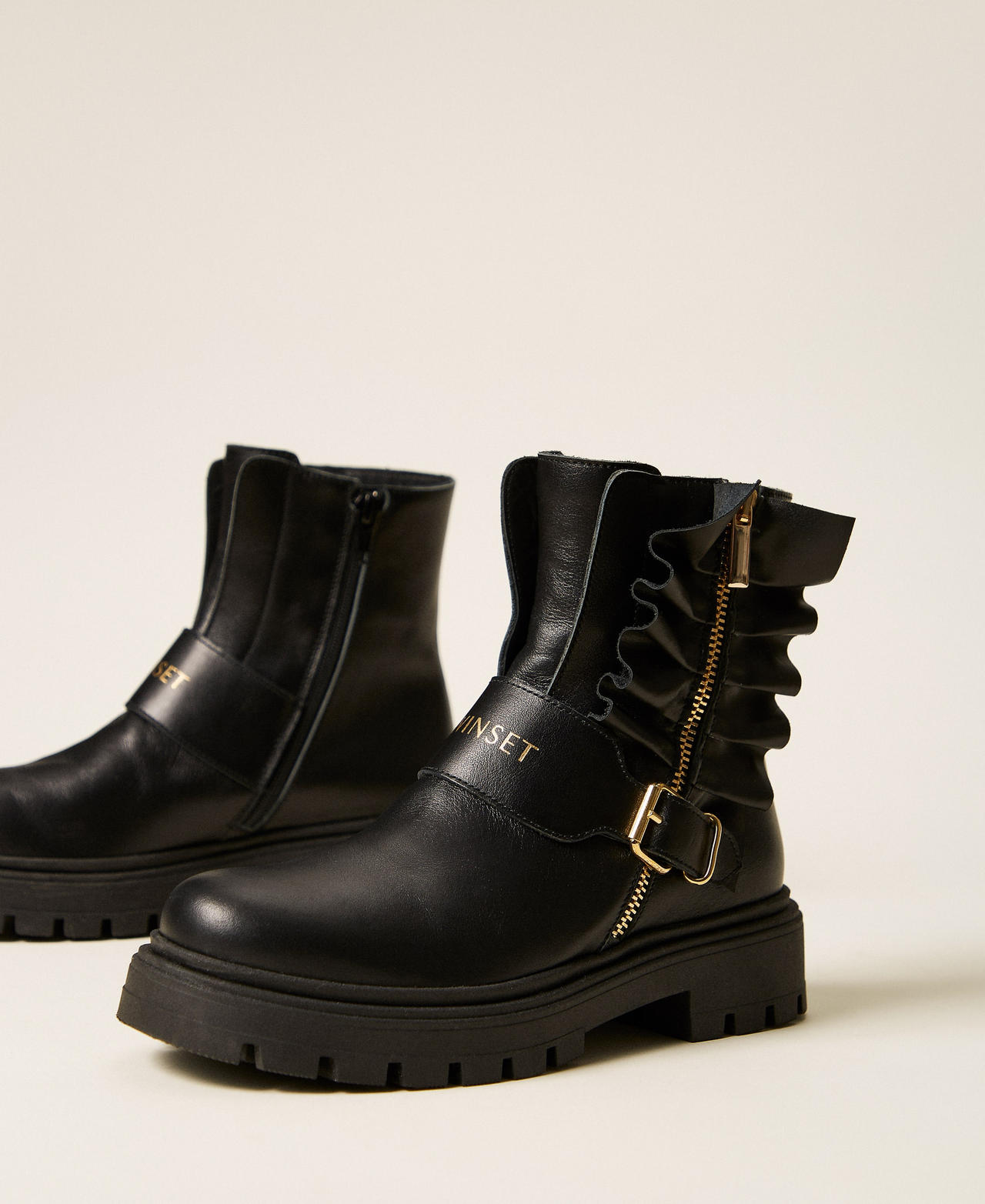 Leather combat boots with gathering Black Girl 262GCJ018_00006_02