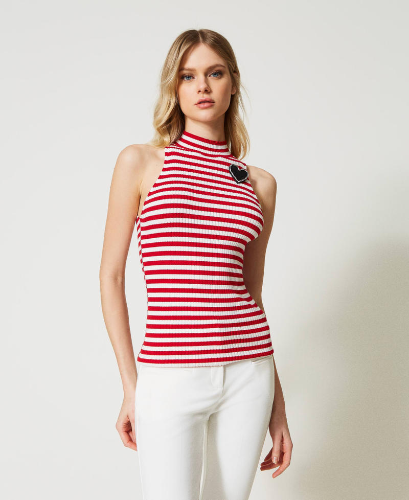 Striped top with brooch Two-tone &ldquo;Snow&rdquo; White / &ldquo;Poppy&rdquo; Red Woman 231TP3291_10410_01