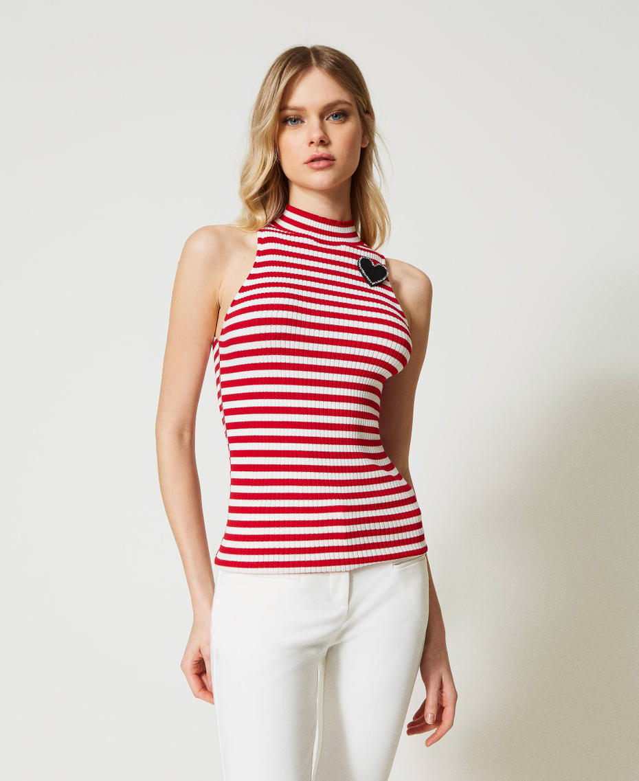 Striped top with brooch Two-tone &ldquo;Snow&rdquo; White / &ldquo;Poppy&rdquo; Red Woman 231TP3291_10410_01