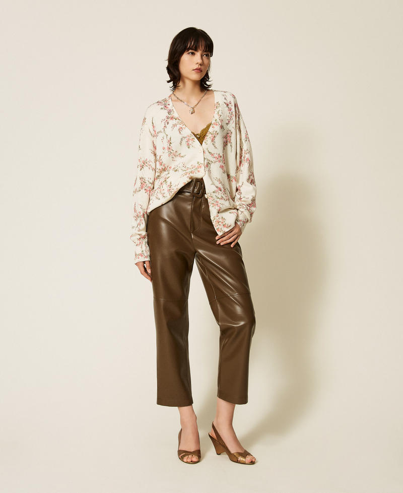 Wool blend knitted maxi cardigan with floral pattern "Snow" White Multicolour Floral Print Woman 262TP3431_13952_T0