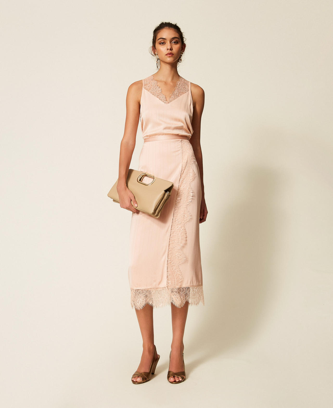 Satin and lace midi skirt Peachy Keen Pink Woman 262TP2123_11947_01
