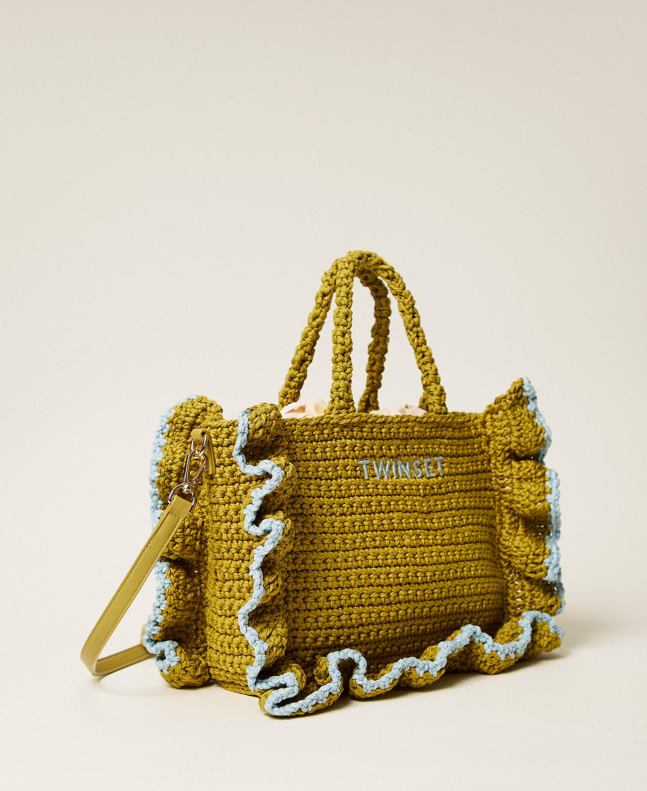 Crochet shoulder bag with flounces Two-tone Avocado Oil Green/Dusty Sky Blue Woman 261TD8291_13497_02