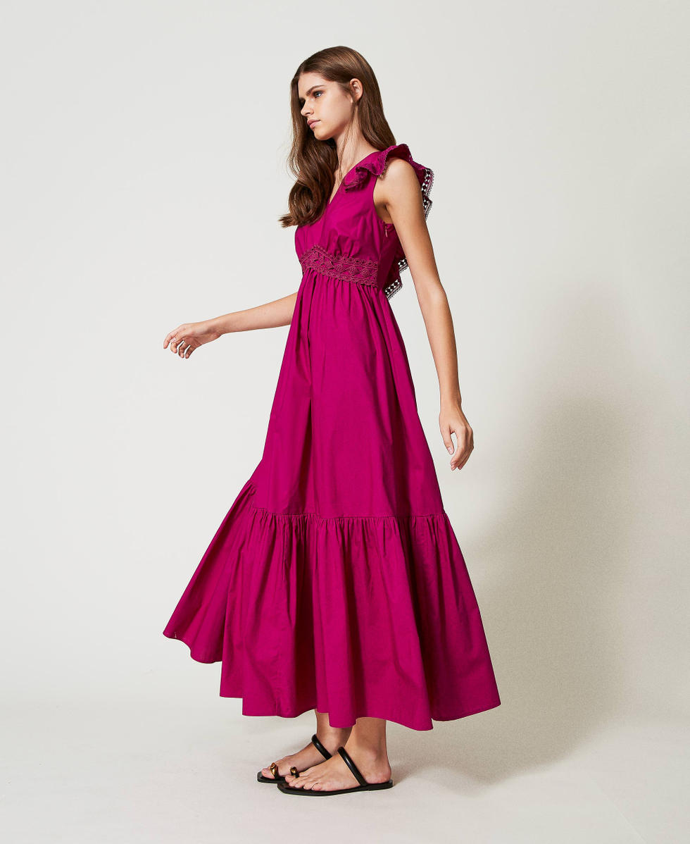 Maxikleid aus Popeline mit H&auml;keldetails Magentaviolett Frau 251LB2KFF_11736_02