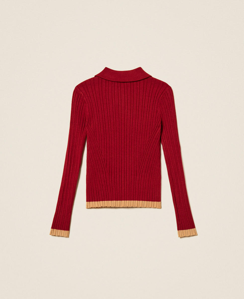Pullover mit Polokragen in Rippoptik mit Kontrastdetails Zweifarbig Red Ruby /"Iced Coffee"-Braun M&auml;dchen 262GJ3010_13767_S1