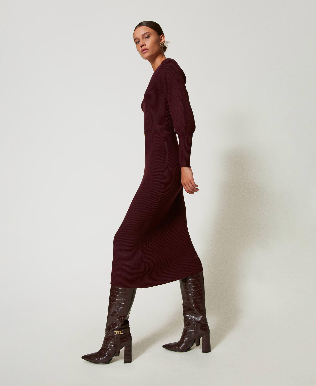 Long ribbed knit dress with belt Woman Red TWINSET Milano