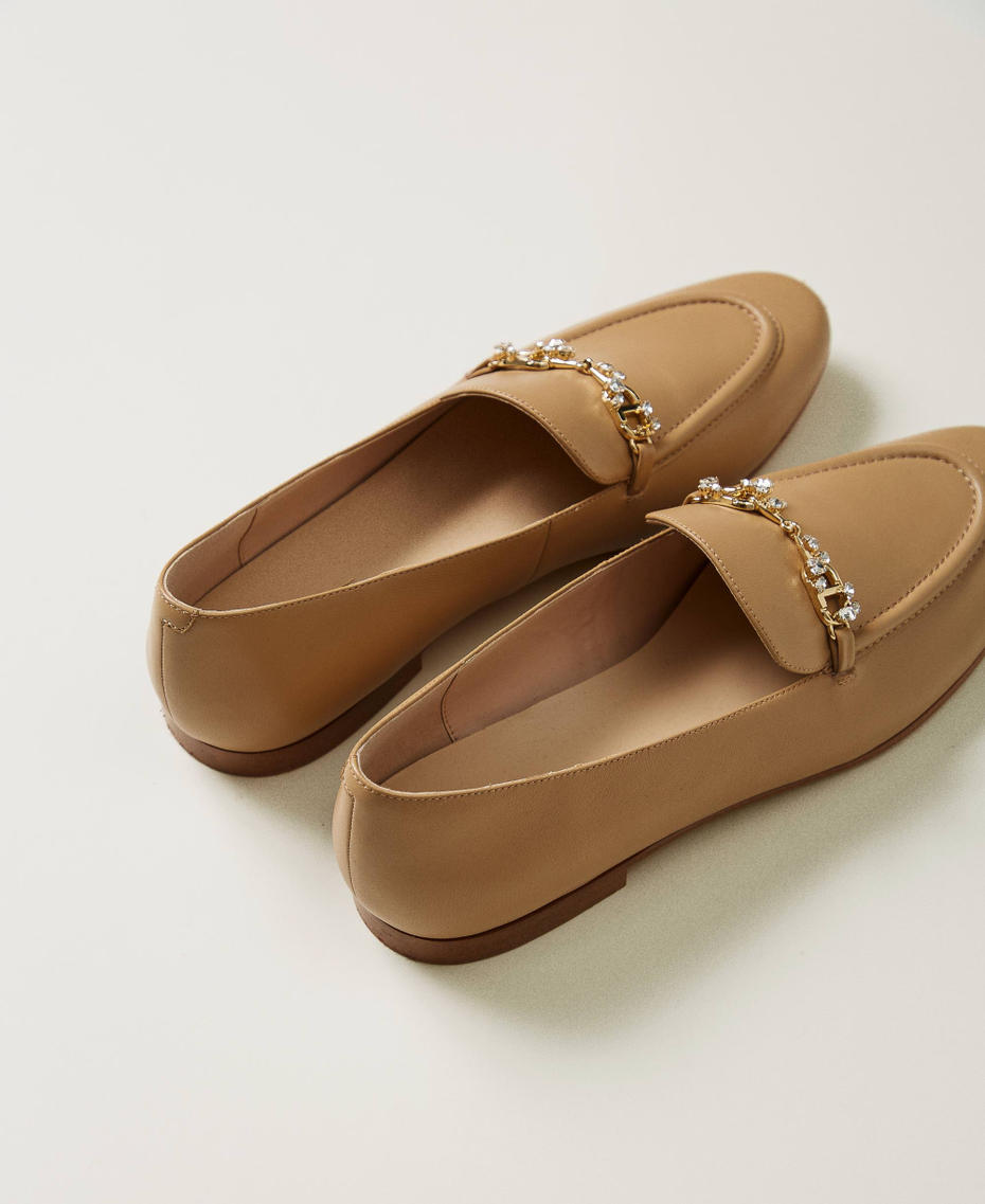Leather loafers with rhinestone Oval T Camel Woman 251TCP134_00044_03