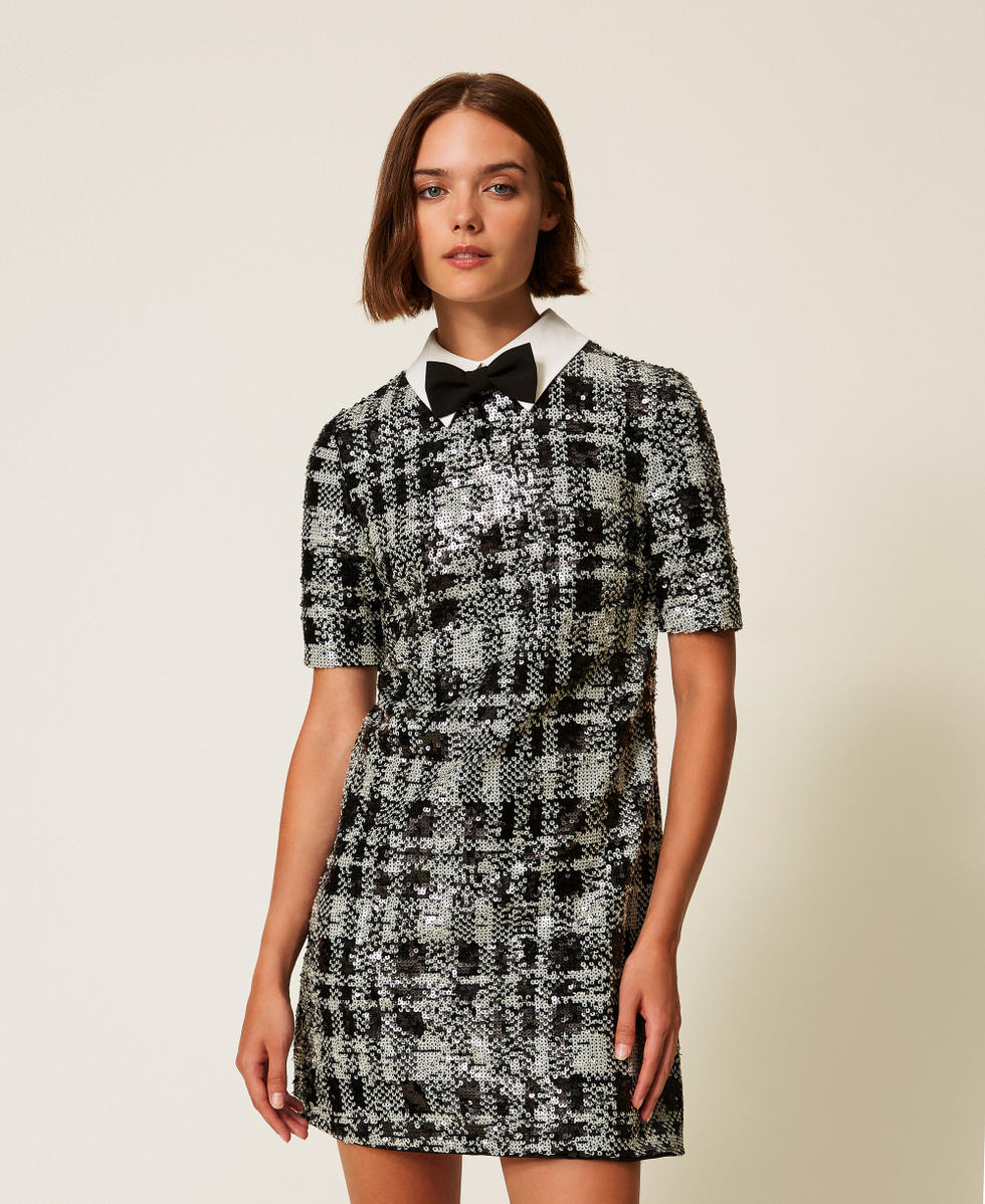 Short sequin dress with check pattern B&W Sequins Check Woman 252AT2261_12922_01
