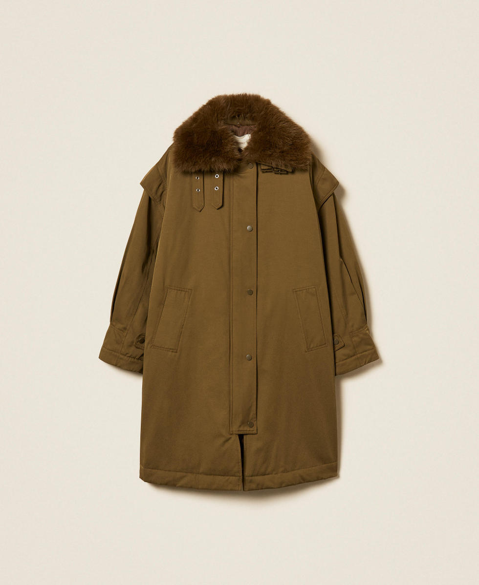 Gabardine parka coat with faux fur collar Beech Green Woman 262TP2180_12537_S0